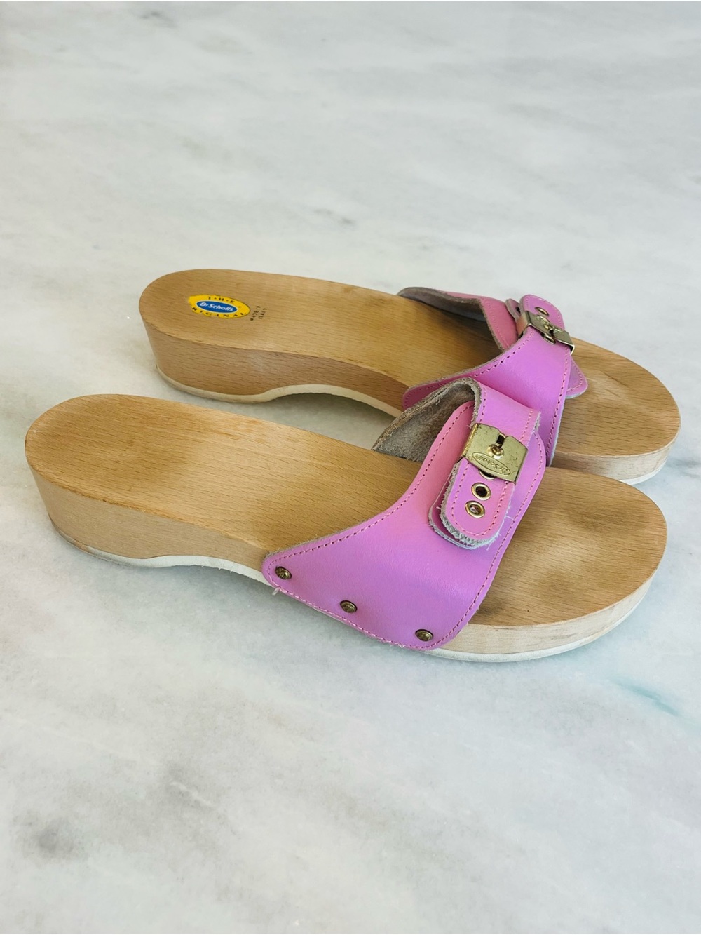 Vintage Dr. Scholl's Original Wood Exercise Pink Leather Slide Sandals Size 8 - Picture 3 of 8